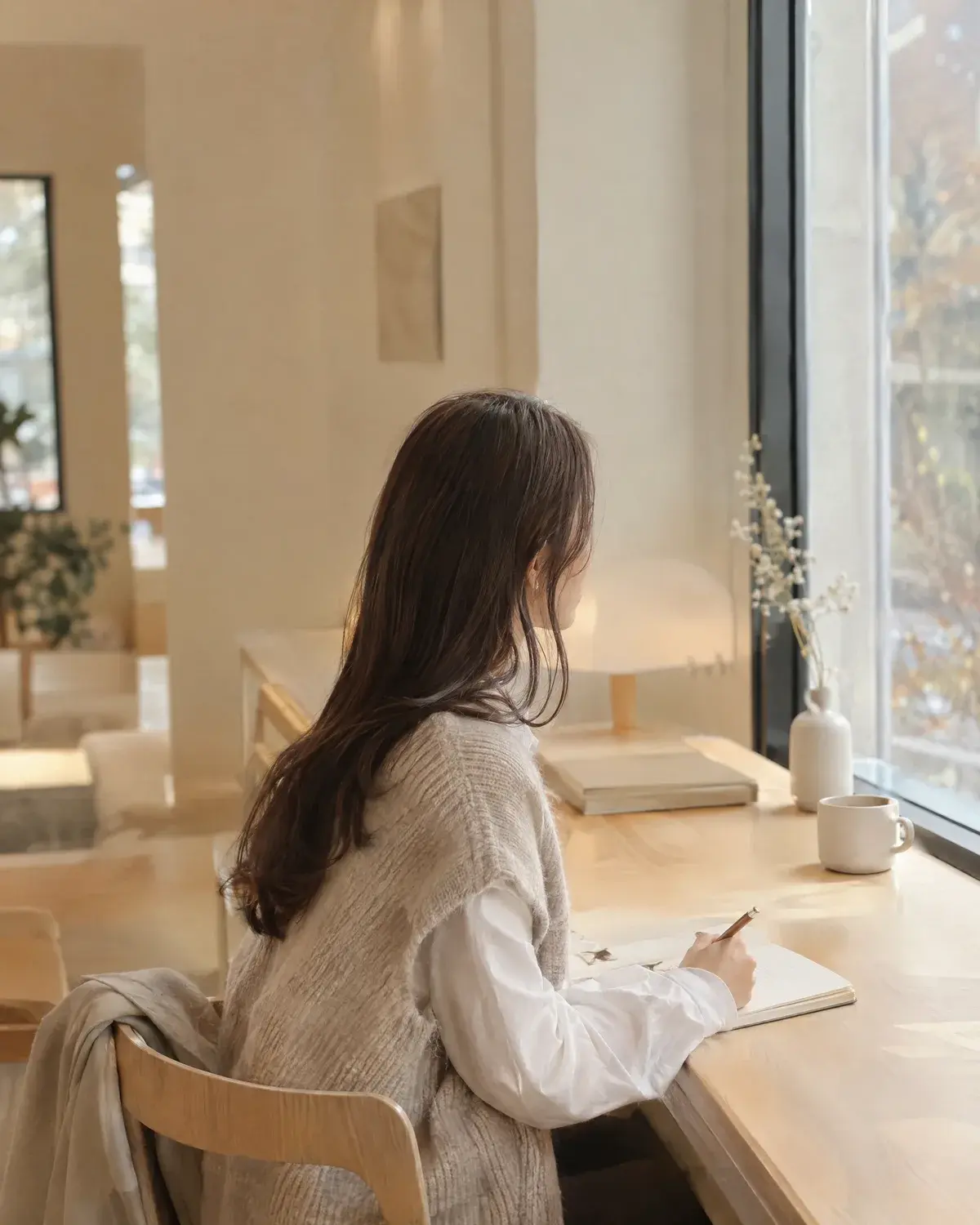앞쪽 머리가 볼을 따라 세로로 떨어지는 긴 레이어드 머리의 여성이 창가 책상에서 글을 쓰는 옆뒷모습
