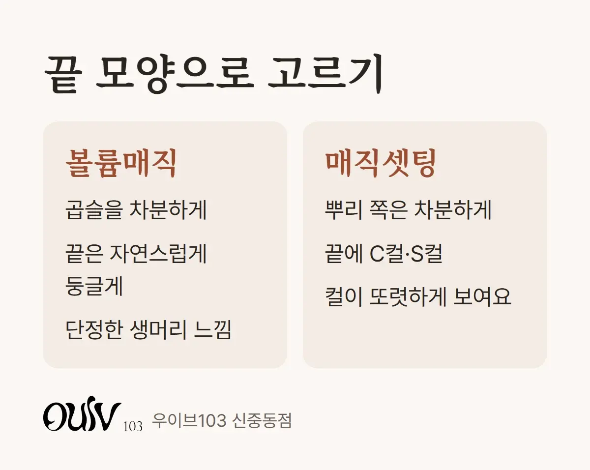 볼륨매직은 끝이 자연스럽게 둥글고 매직셋팅은 끝에 C컬과 S컬이 들어간다고 비교한 그림