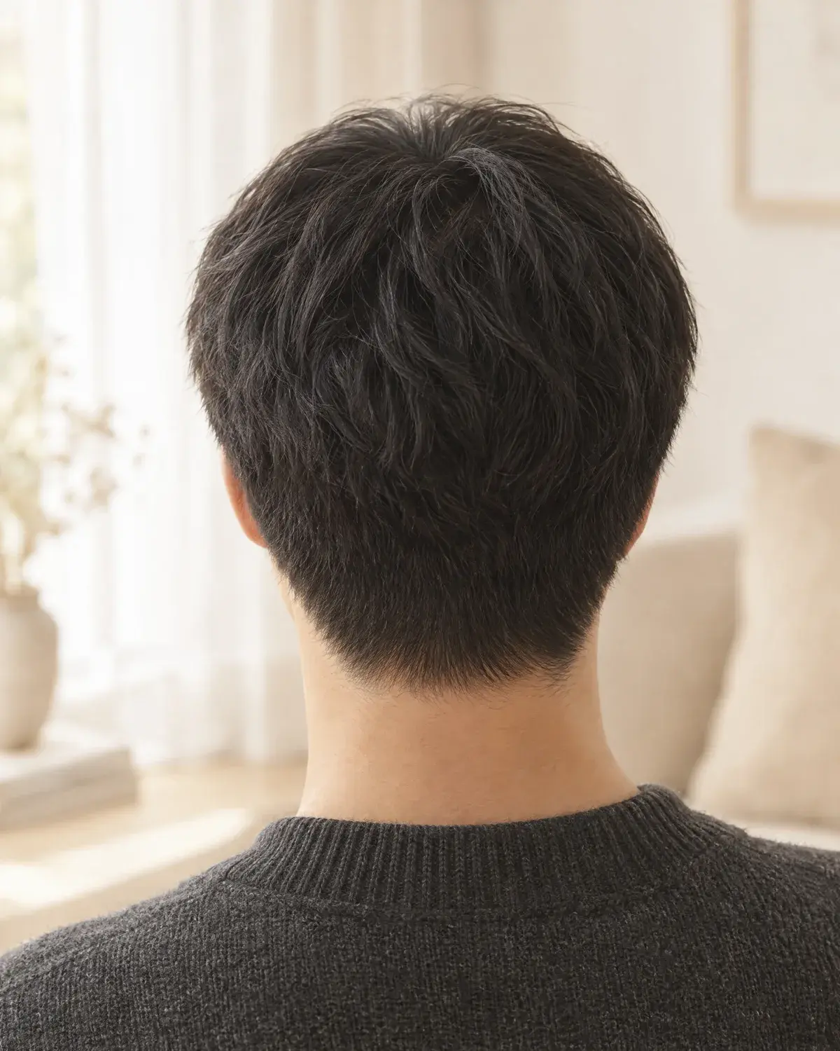 앞으로 흐르는 윗머리와 짧게 정리한 뒷머리 클로즈업