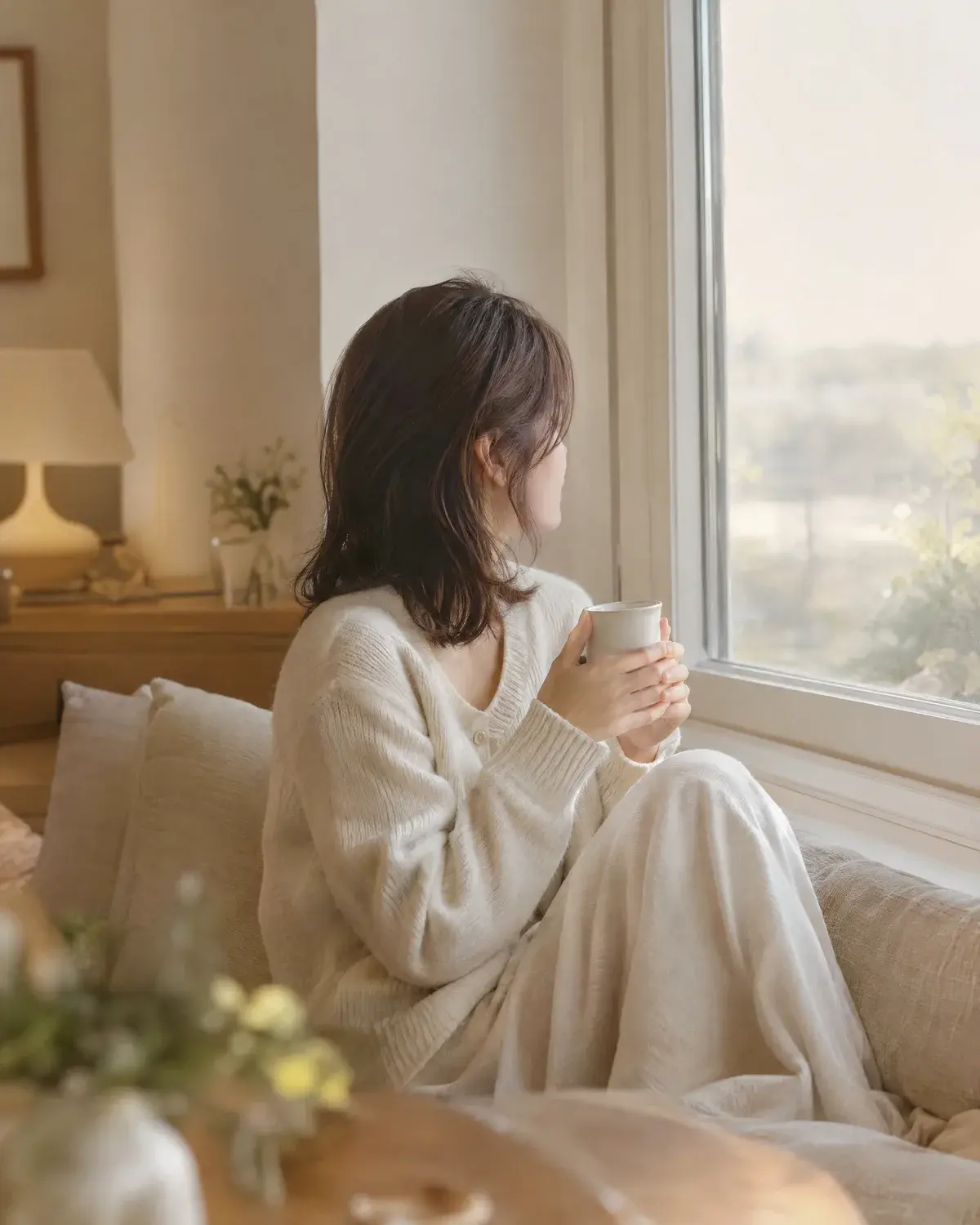 창가에 앉아 머그잔을 들고 창밖을 보는 쇄골 길이 레이어드 머리의 여성 옆모습