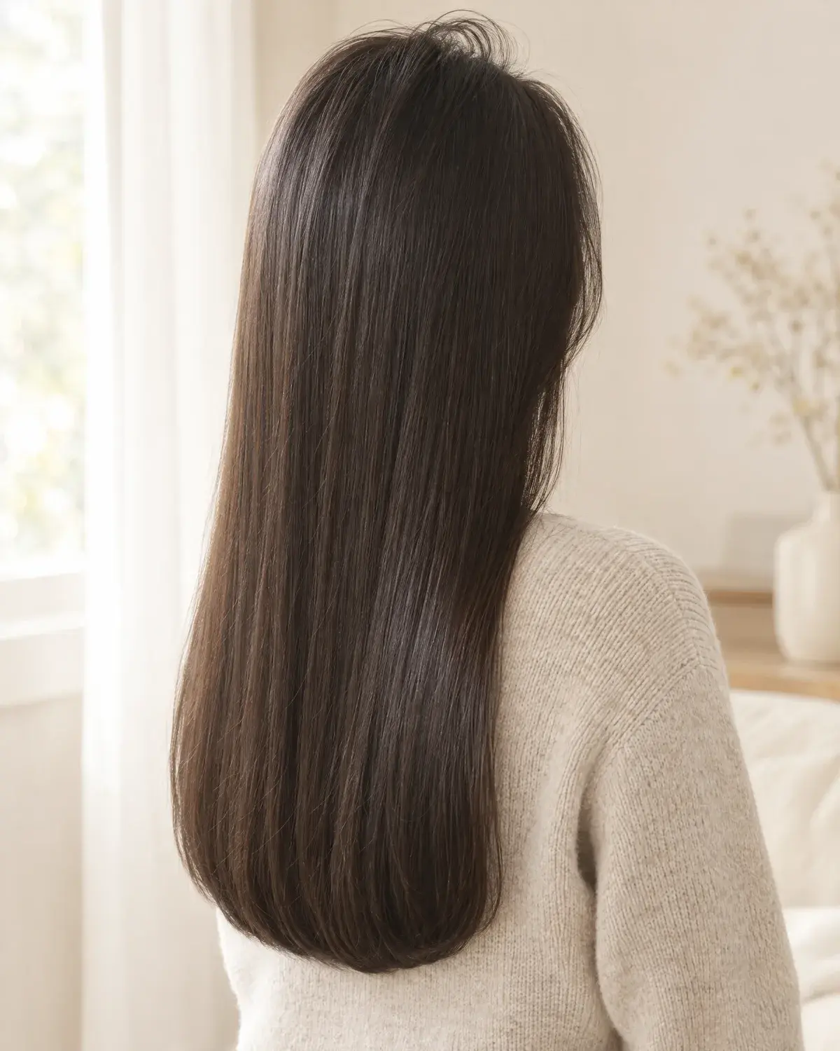 정수리 뿌리가 살짝 살아 있고 끝이 안쪽으로 둥글게 떨어지는 매끈한 긴 생머리 뒷모습 클로즈업
