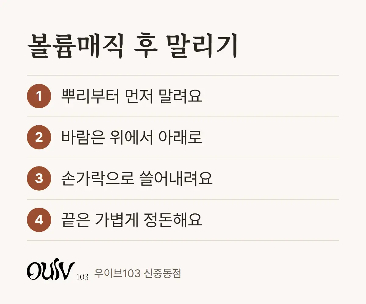볼륨매직 후 뿌리부터 말리고 위에서 아래로 바람을 넣는 순서를 정리한 그림