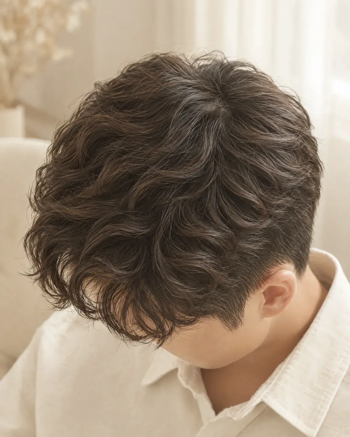 앞으로 흘러내리는 부드러운 웨이브 윗머리와 짧게 정리한 옆머리 클로즈업
