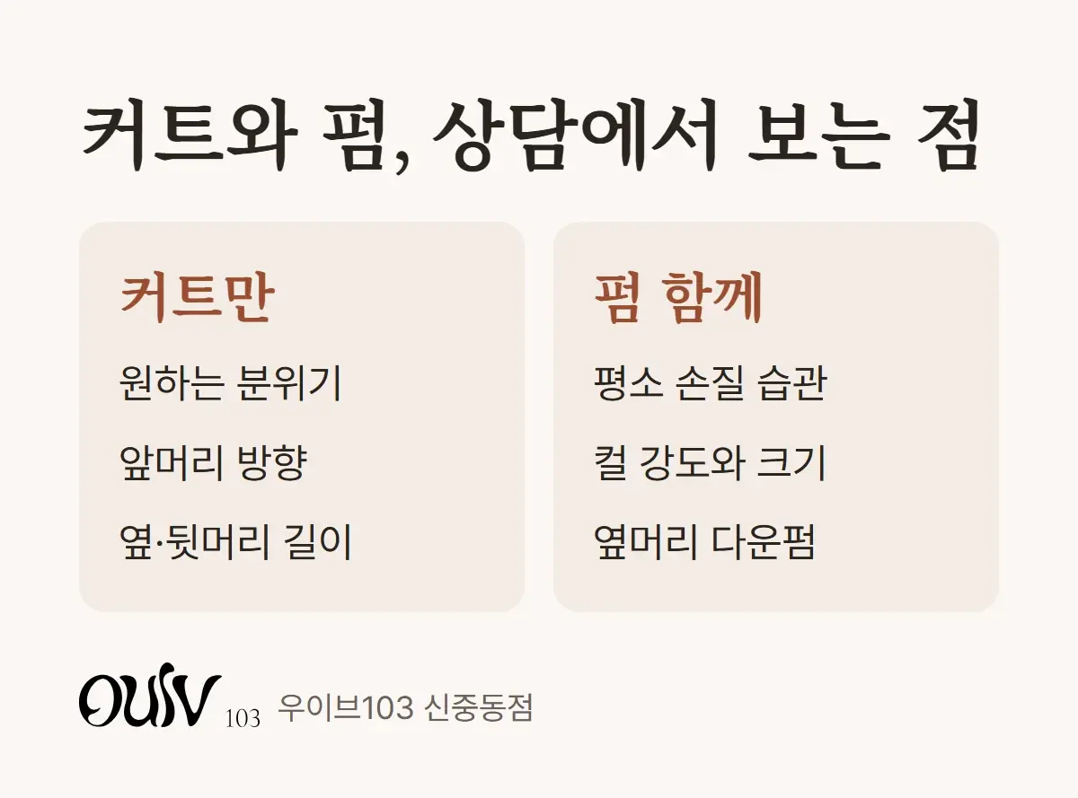 커트만 할 때와 펌을 함께할 때 상담에서 보는 점을 나란히 비교한 그림