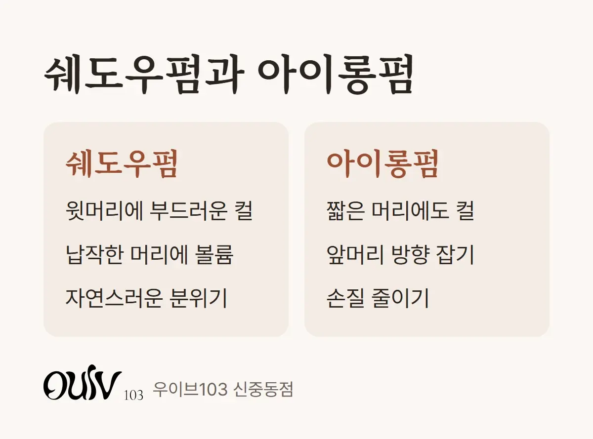쉐도우펌과 아이롱펌의 차이를 나란히 비교한 그림