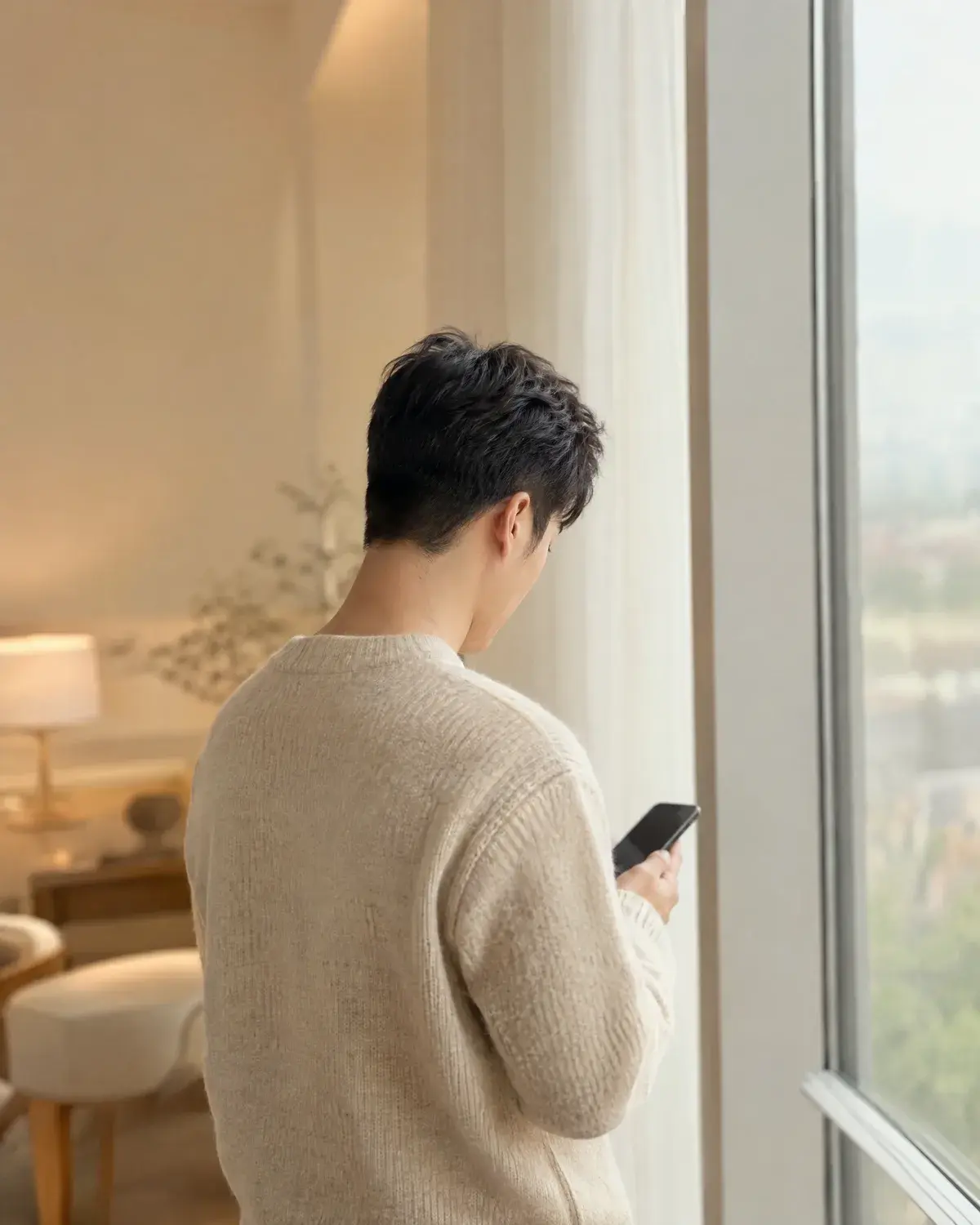 짧은 텍스처 커트를 한 남성이 창가에 서서 휴대폰을 내려다보는 어깨 너머 뒷모습