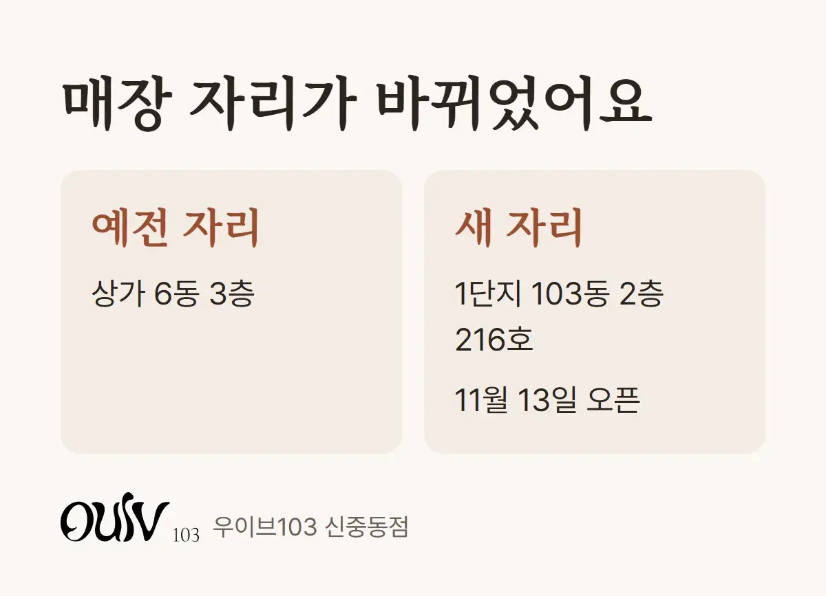 예전 자리 상가 6동 3층과 새 자리 1단지 103동 2층 216호, 11월 13일 오픈을 나란히 비교한 카드