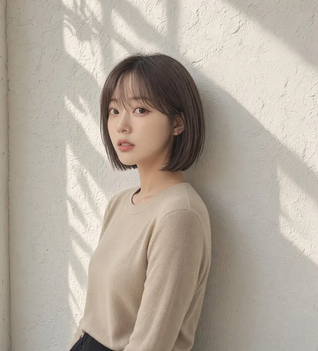 끝선이 안쪽으로 감기는 턱선 아래 길이 단발 C컬펌, 정면