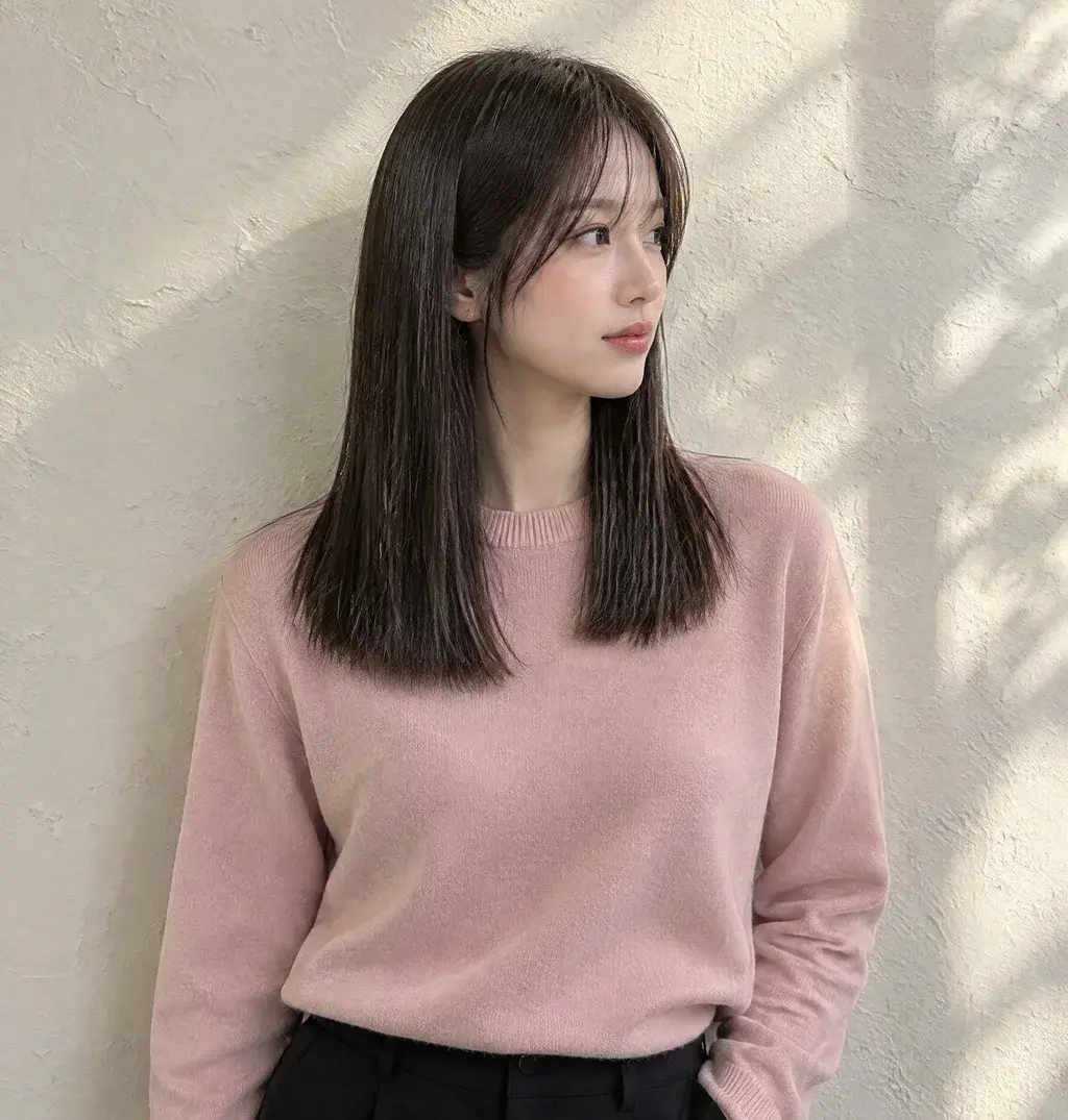 신중동역 볼륨매직 대표 사진: 얼굴선 앞머리를 내리고 끝까지 곧게 편 어깨 아래 길이 매직 스트레이트, 옆모습