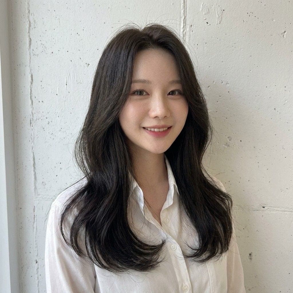 긴 머리 끝에 바깥으로 흐르는 컬을 준 발롱펌, 정면