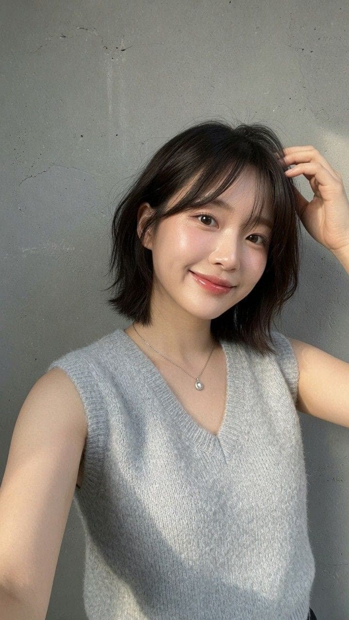 턱선 길이 단발펌, 정면