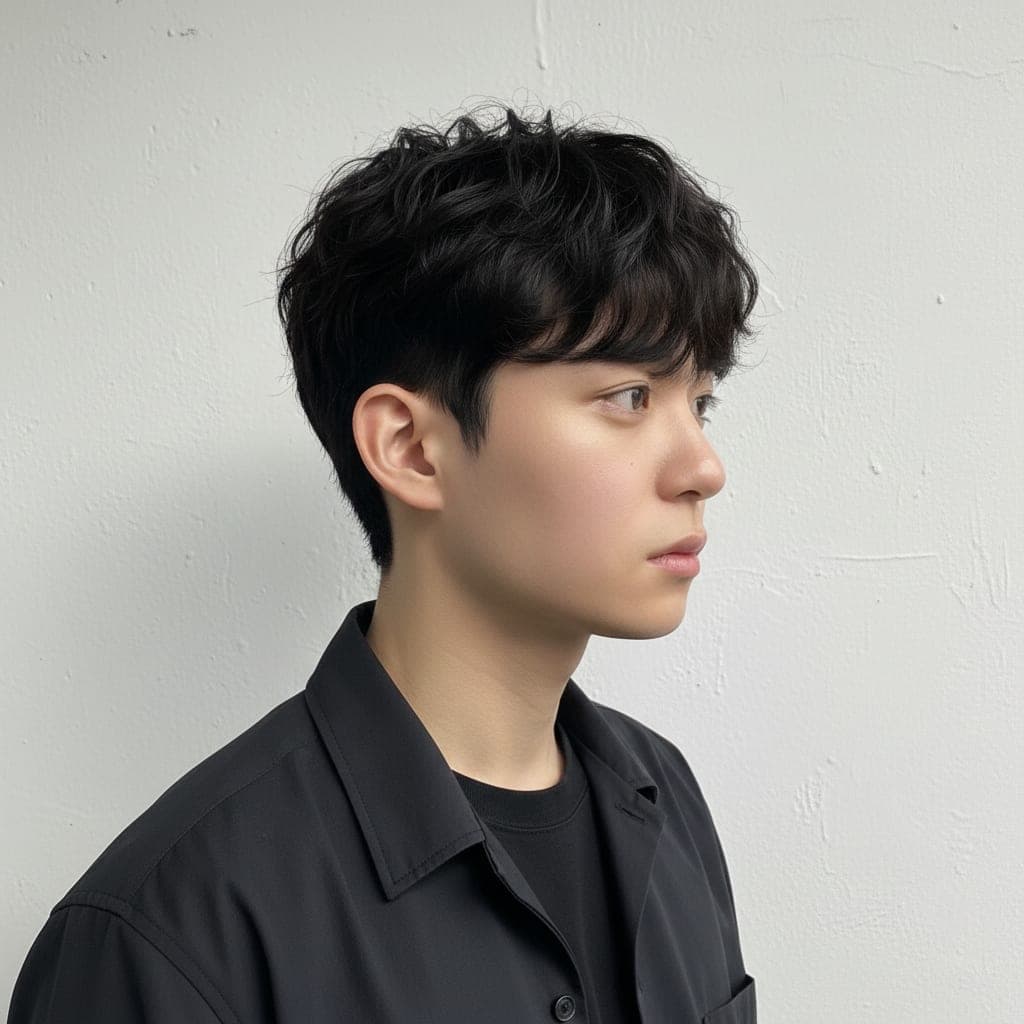짧은 길이에 컬을 넣은 남성 댄디펌, 옆모습
