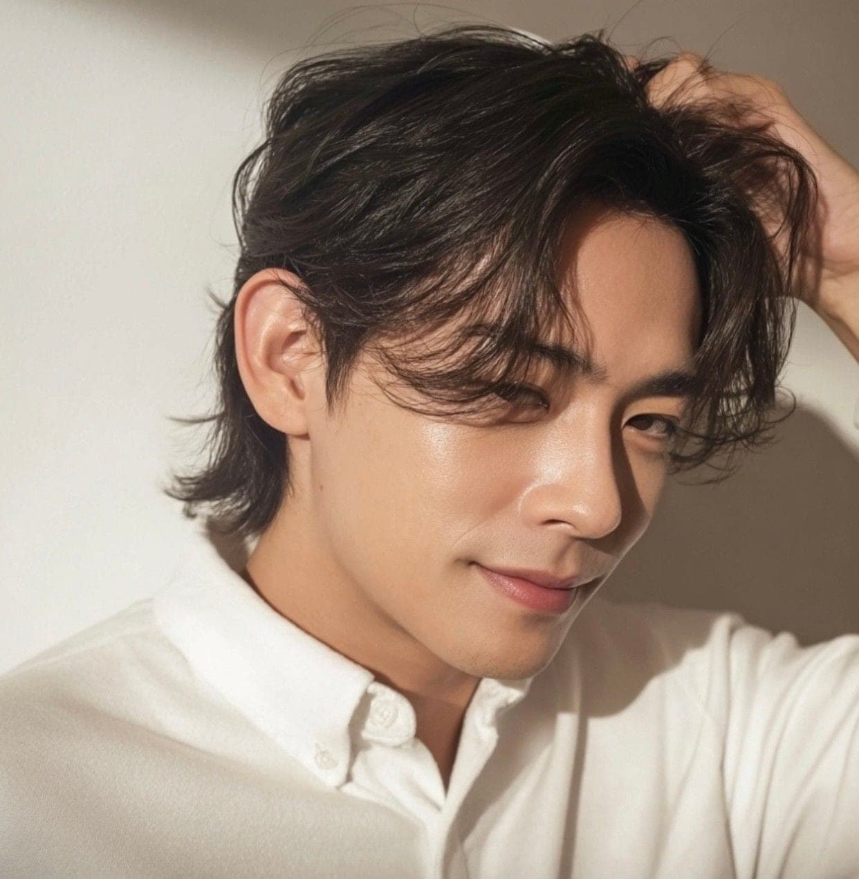컬을 넣은 남성 아이롱펌, 비스듬한 정면
