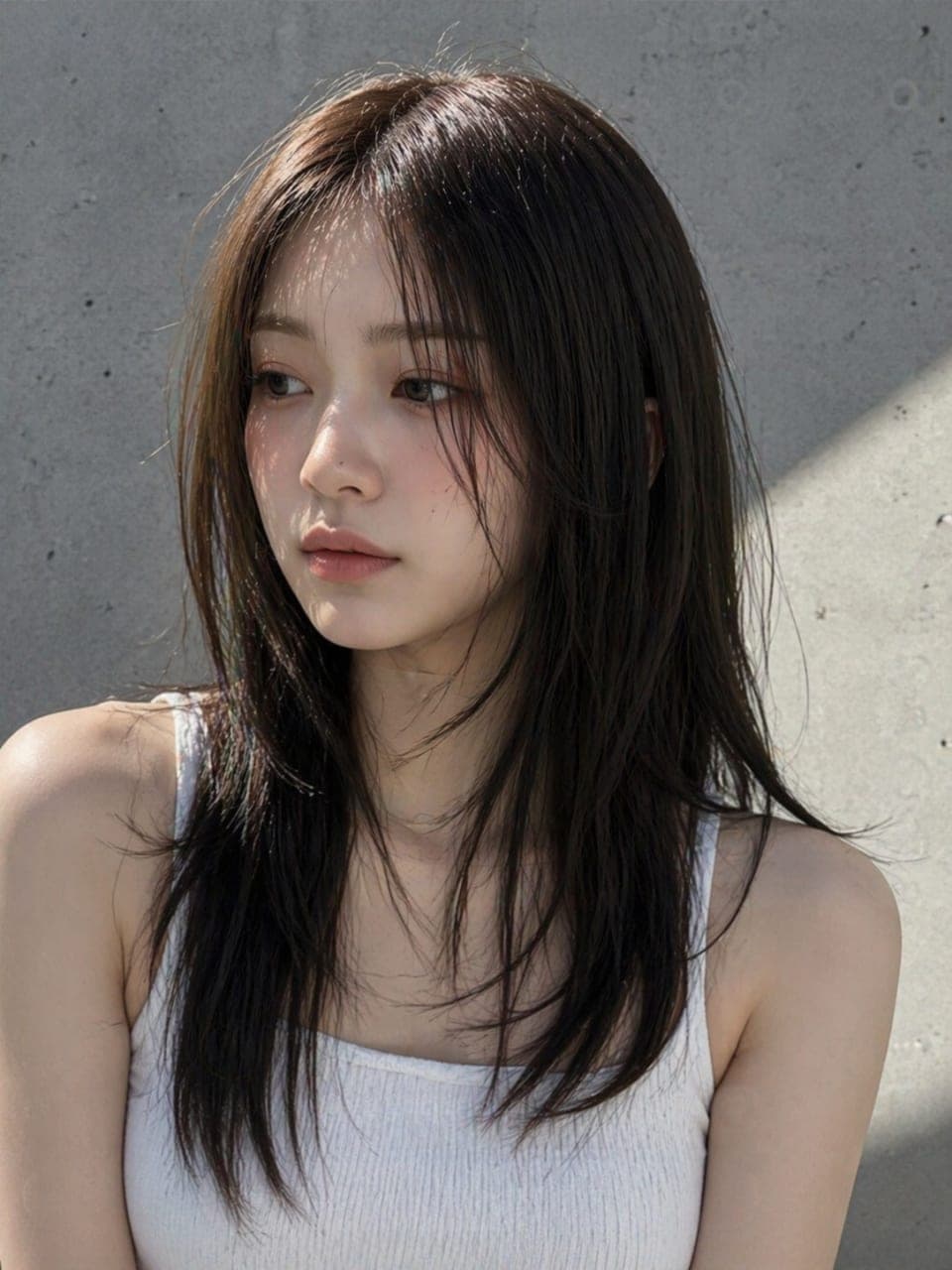 긴 머리 레이어드 C컬펌, 비스듬한 정면