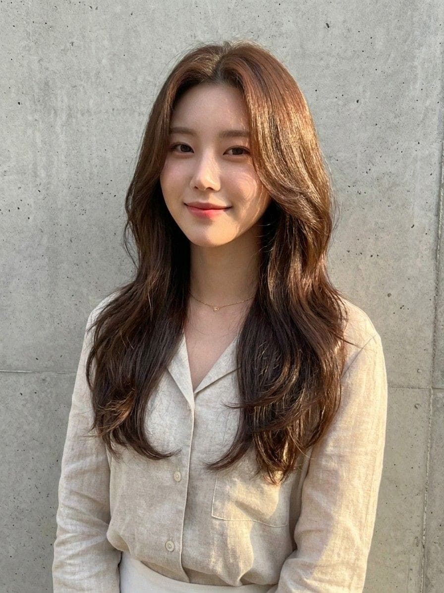 갈색 긴 머리 레이어드컷과 빌드펌, 정면