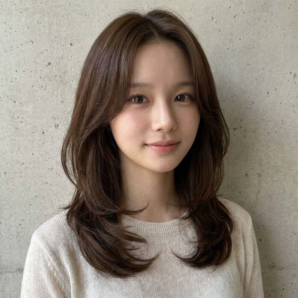 얼굴 주변을 층지게 자른 미디움 레이어드, 정면
