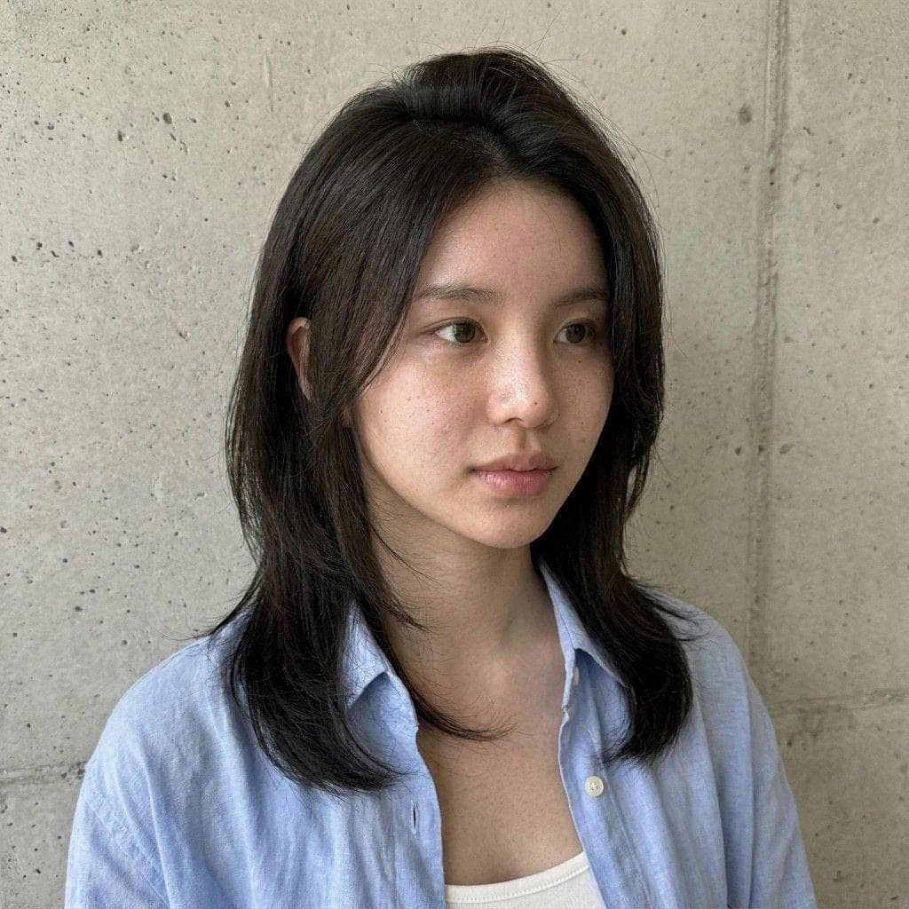 어깨 아래 길이의 허쉬 레이어드컷, 정면