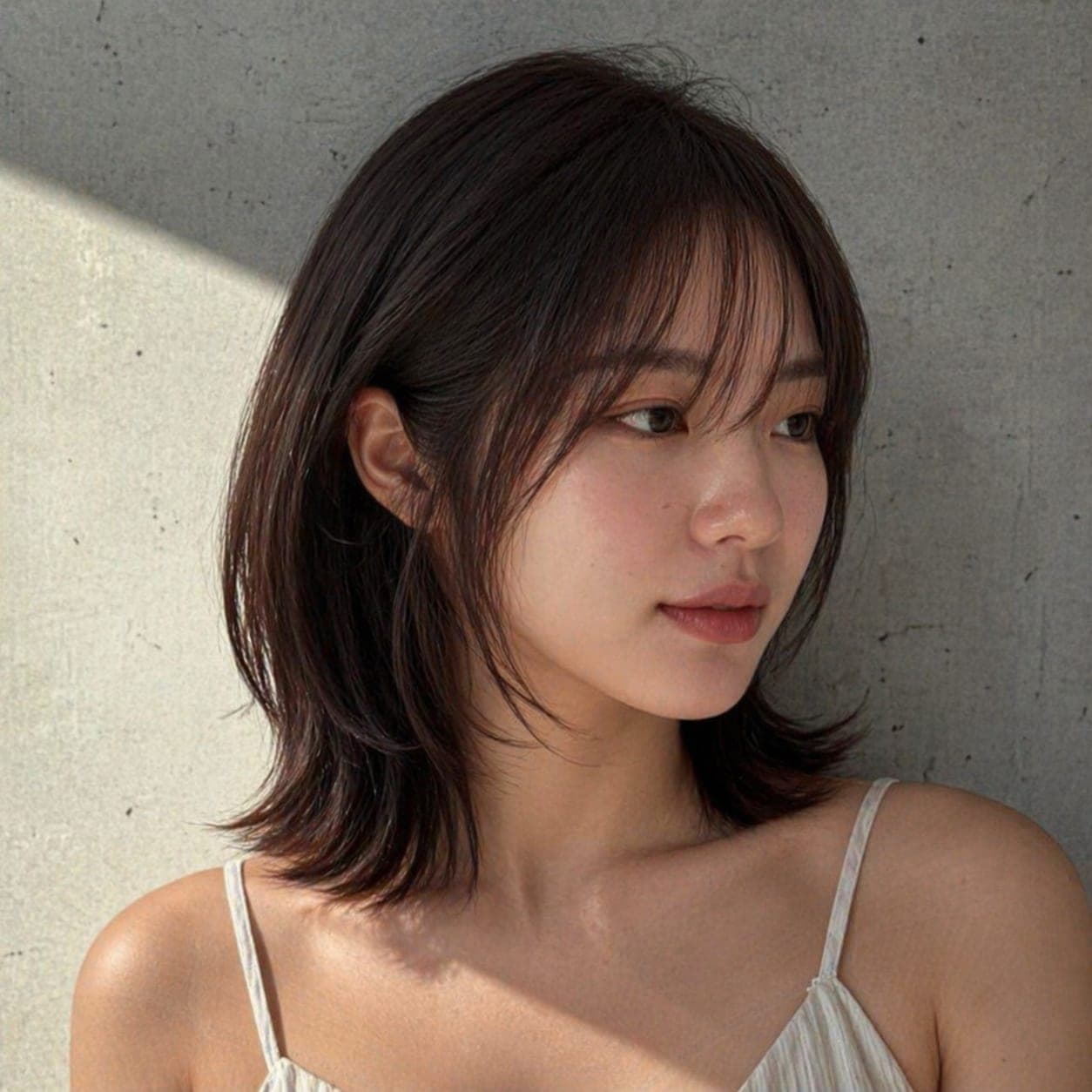앞머리가 있는 중단발 레이어드, 비스듬한 정면