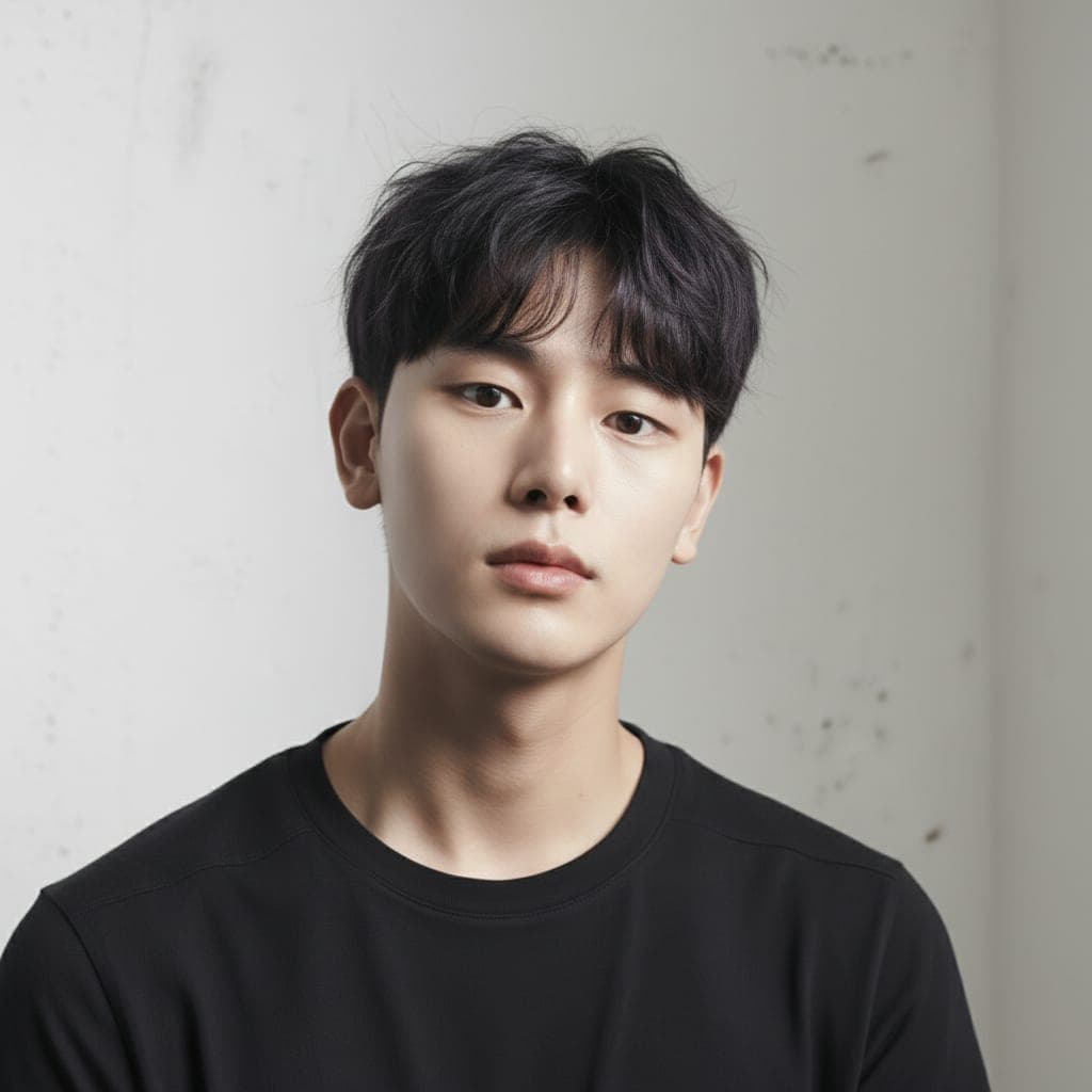 앞머리를 내린 짧은 남성 쉐도우펌, 정면
