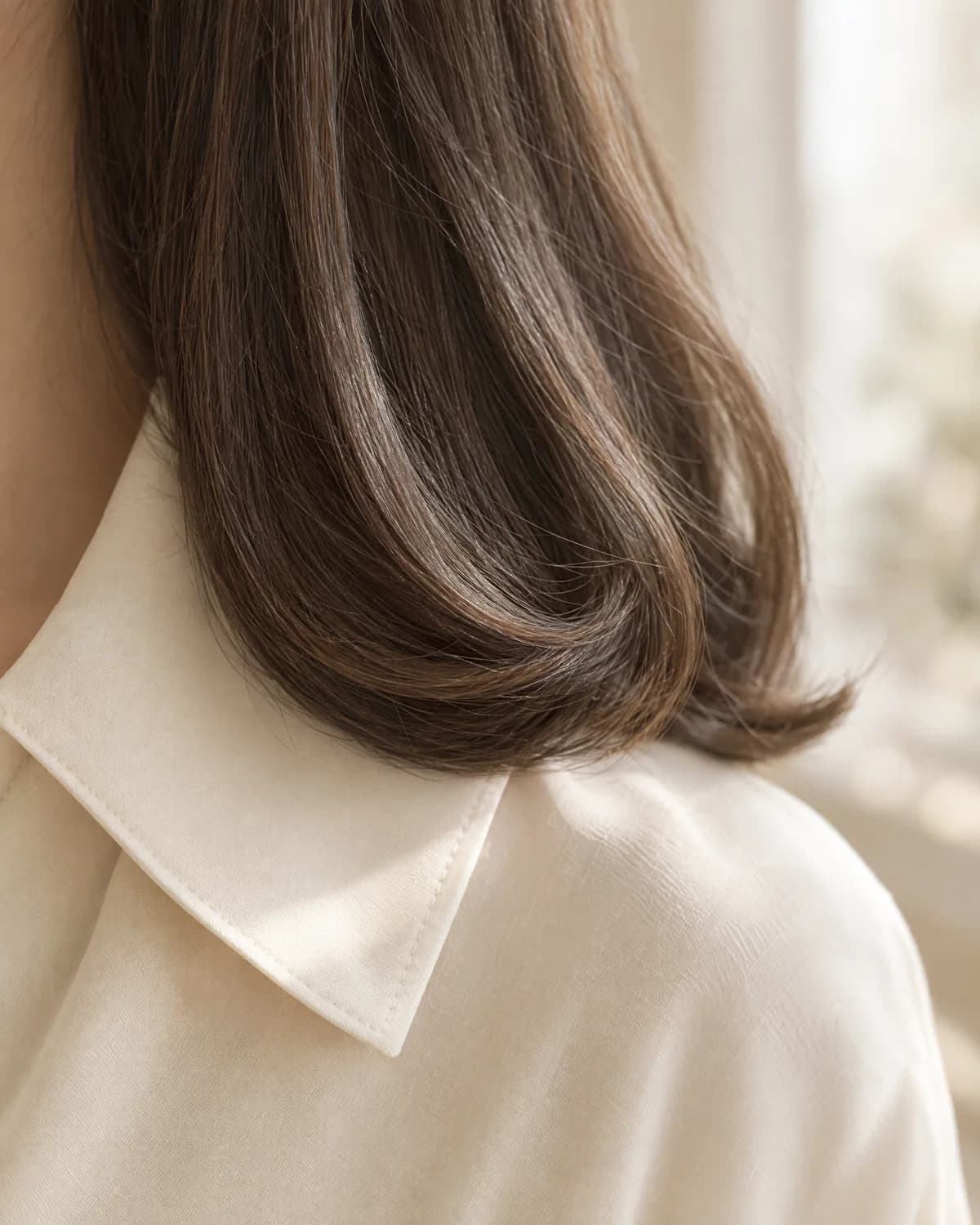 어깨 길이 머리끝이 안쪽으로 둥글게 말린 C컬 모양 클로즈업
